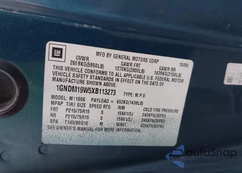 1999 Chevrolet Astro from USA, damaged, VIN 1GNDM19W5XB113273